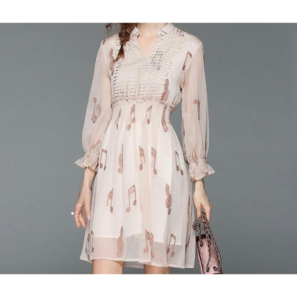 Kaimilan Music Note Fit and Flare Short Dress Sheer Long Sleeves Lace Accent XXL